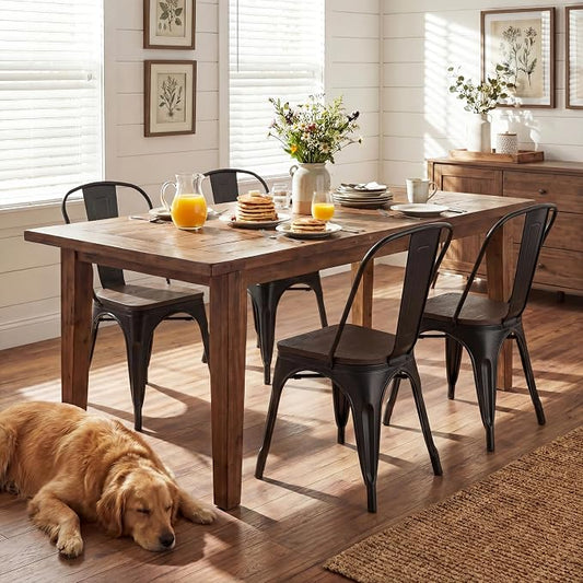JUMMICO Metal Dining Chair Stackable Industrial Vintage Kitchen Chairs Indoor-Outdoor Bistro Cafe Side Chairs with Back and Wooden Seat Set of 4 (Black)