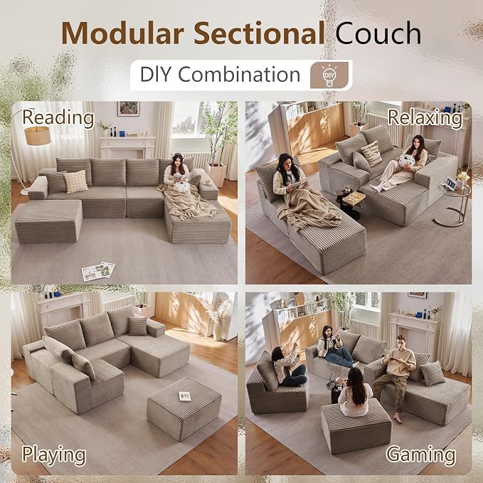 135" Modular Sectional Sofa with U Shaped Chaise, Upholstered Couches for Living Room with Deep Seat, No Assembly Required, Corduroy Cloud Couches, Camel(Right-Facing Chaise