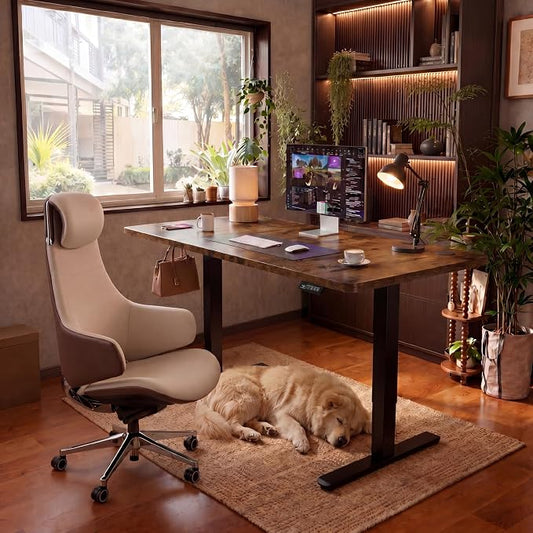 Furmax Electric Height Adjustable Standing Desk Large 48 x 24 Inches Sit Stand up Desk Home Office Computer Desk Memory Preset with T-Shaped Metal Bracke, Brown