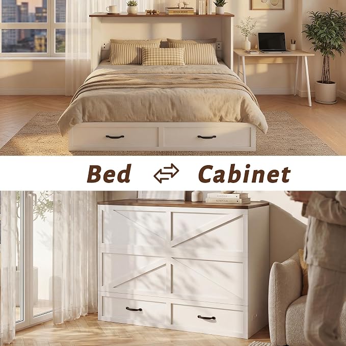 HISOFT Queen Murphy Bed Frame with Charging Station, Freestanding Cabinet Murphy Bed with Fold-Down Panel & Reinforced Support, Space-Saving Design for Small Living Spaces, Shipped in 2 Boxes, White