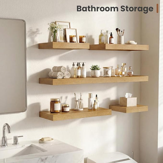 Vivelove 12 Inch Deep Floating Shelves 16 inch Long, 2 Inch Thick Wall Shelves with Invisible Brackets, Shelf for Bedroom Bathroom Living Room Kitchen Office Home Decor, Modern Shelf Set of 2, Oak