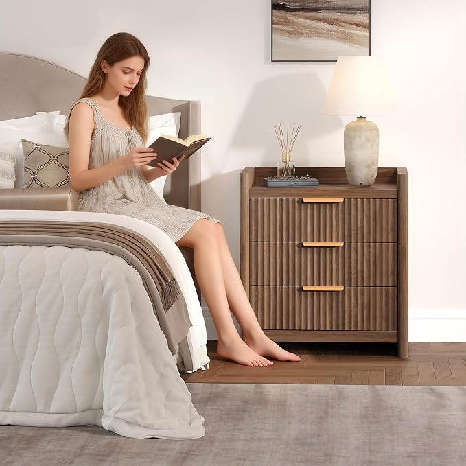 25.9" Fluted Nightstand with Charging Station, Large Bedside Table with 3 Storage Drawers and Metal Handle, Modern End Table for Bedroom, Home Office(Dark Walnut)