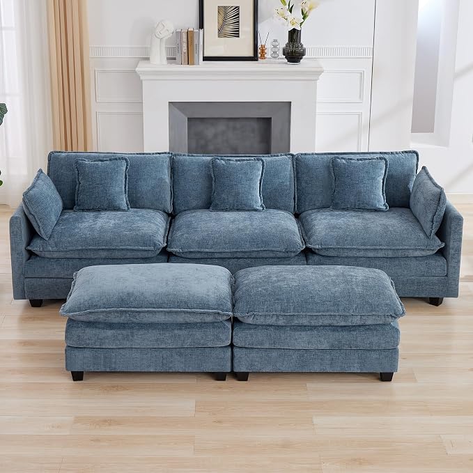 111'' Sectional Cloud Deep Seat Couch, Oversized Chenille U Shaped Sectional Sofa for Living Room Set, Comfy Upholstered Modular 5-Seats Sectional Sofa Couch with 2 Movable Ottoman, Blue