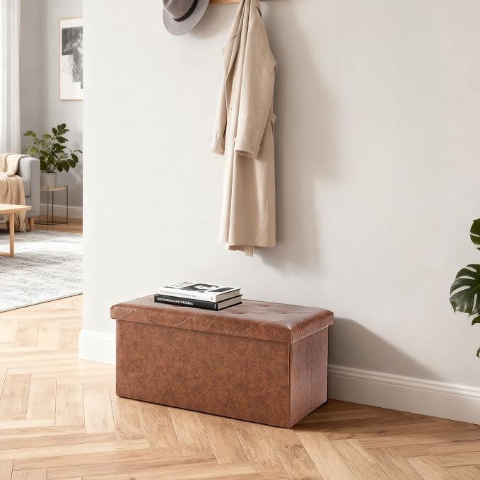 DUMOS 30 Inch Folding Storage Ottoman Bench, Large Hidden Storage Chest withThicker Foam Padded Seat, End of Bed Foot Rest Stool for Bedroom Living Room Entryway, Load 660 lbs, Brown