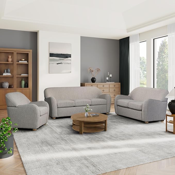 Studio Living® Jennifer 36.6" Arm Chair, Modern Style, Pocket Coil Comfort, Natural Wood Legs, Boucle Fabric, Pebble