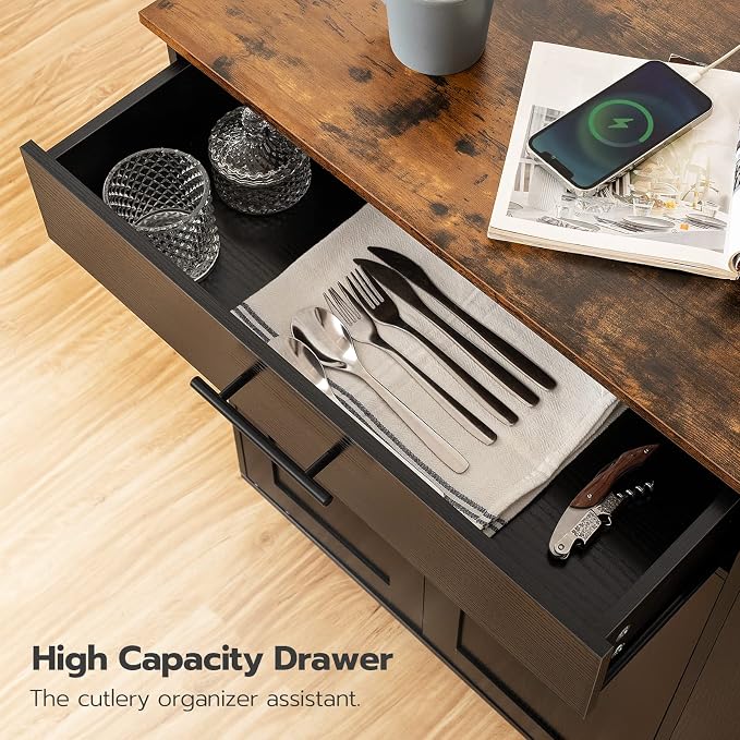HOOBRO Kitchen Island with Power Outlet, Storage Island with Spice Rack and Drawer, Rolling Kitchen Cart on Wheels, for Home, Dining Room, Rustic Brown and Black