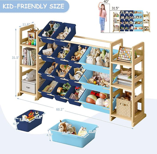 EXPERLAM Extra Large Toy Storage - Toy Storage Organizer, Wooden Toy Organizer with 6 Side Shelves and 16 Bins, 3-in-1 Bookshelf for Kids Rooms, Playroom, Nursery, Blue