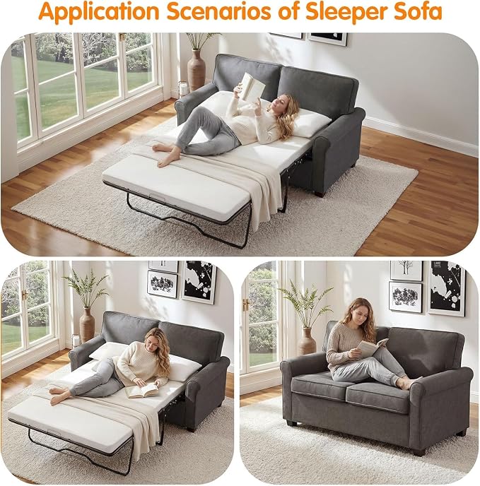 57 inches Loveseat Sleeper Sofa, 2-in-1 Pull-Out Couch Bed with High-Density Sponge Mattress for Small Apartment, Living Room, Guest Room,Grey