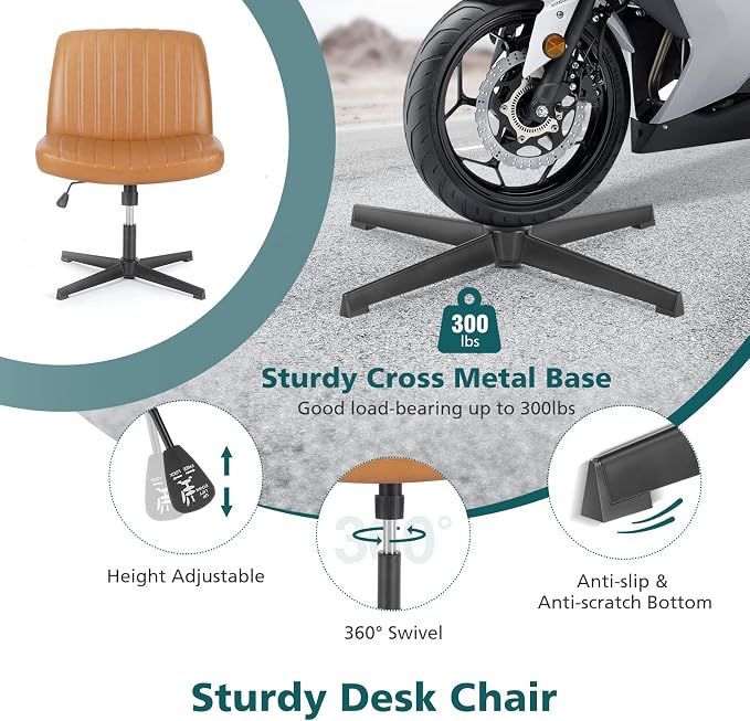 OLIXIS Criss Cross Legged Chairs Armless No Wheels Wide Seat Height Adjustable Swivel Padded PU Leather Home Office Desk Seating for Bedroom, Student, Study Room