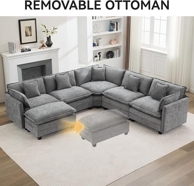113'' V Shaped Cloud Sectional Sofa, Oversized Deep Seat Couches for Living Room, Chenille Comfy Upholstered Modular Sectional Sofa Couch, Grey
