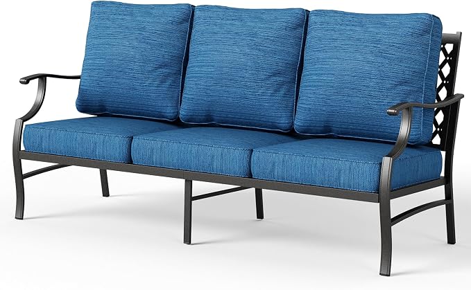 MIXPATIO Patio Couch Metal 3-Seat Outdoor Sofa Deep Seating Outdoor Furniture Peacock Blue Cushion for Front Porch, Deck, Balcony, Backyard, Sunroom