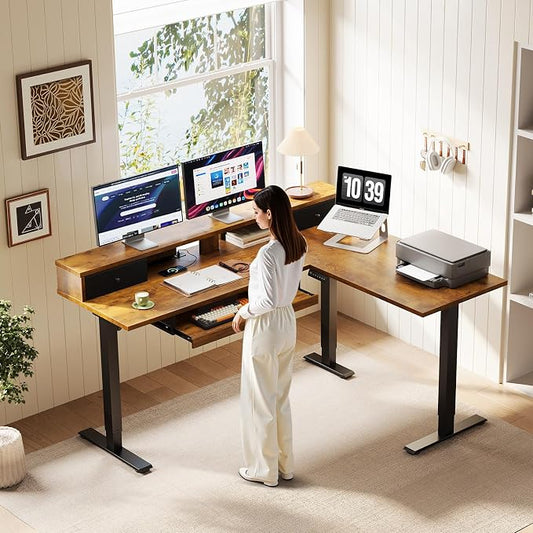 OffiGo 59 Inch L Shaped Electric Standing Desk with Drawers, Height Adjustable Corner Computer Desk with Keyboard Tray & Monitor Stand, Stand Up Table for Home Office Workstation, Rustic Brown