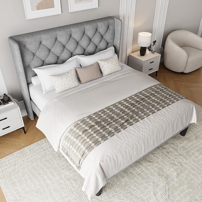 Einhomn Full Size Platform Bed Frame with Fabric Upholstered Wingback Headboard, 9" Under Bed Space, Wooden & Metal Slats Support, No Box Spring Needed, Light Gray