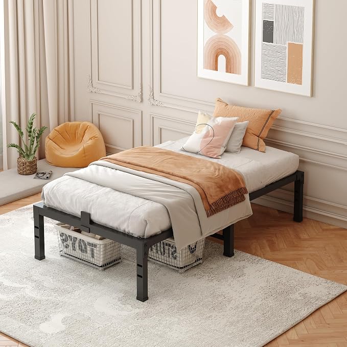 FUIOBYVV Twin Bed Frames,16 Inch Heavy Duty Metal Platform Bed Frame Twin Size Support Up to 3500 lbs,No Box Spring Needed,Headboard Compatible,Steel Slat Support,Noise Free,Easy Assembly