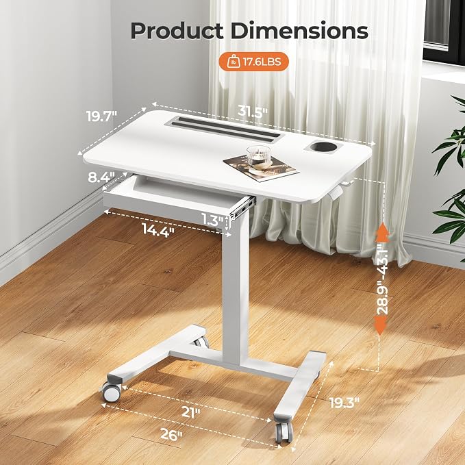 Mobile Standing Desk with Drawer, 32" Rolling Desk with Cup Holder and Hooks, Portable Laptop Cart on Wheels, Height Adjustable Workstation with Storage for Home Office, White