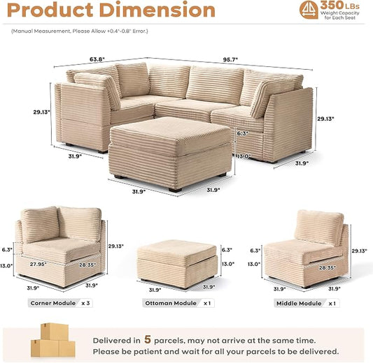 ovios Modular Sectional Sofa Couch with Sofa Bed L-Shape Chaise, Comfy Plush Corduroy Cloud Couches, Modern Luxury Deep Seat Sofas Set for Living Room, 5-Seater, Beige