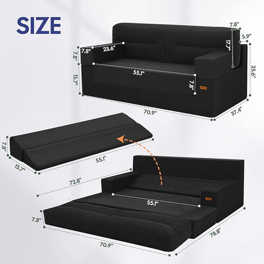 MeMoreCool Queen Sofa Bed, 4-in-1 Pull Out Couch Bed with Wedge Pillow, Boneless Futon Sleeper Loveseat, No Assembly Folding Sofa for Living Room Guest Room, Black Corduroy