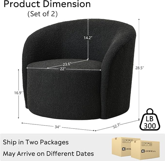 KINWELL 34" W Swivel Barrel Chair Set of 2, Mid Century Modern Round Upholstered Boucle Swivel Accent Chairs, No Assembly Sofa Chair for Living Room Bedroom Reading, Black