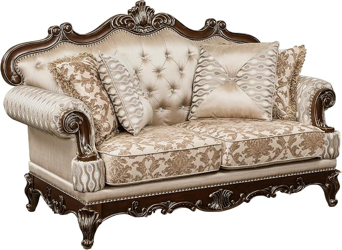 Lexicon Traditional Sofa Couch for Living Room, Rolled Arm Sofa with 4 Accent Pillows, Tufting, Queen Legs in Cherry Finish with Gold Tipping, Upholstered Living Room Furniture, 2 Seater Couch, Brown