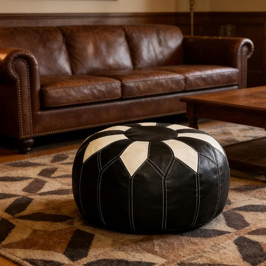 Thgonwid Unstuffed Moroccan Faux Leather Pouf Ottoman Cover with Storage - Boho Chic Multi-Use Footrest for Living Room, Bedroom, Patio - Round Ethnic Floor Cushion & Decorative Accent, Black&White