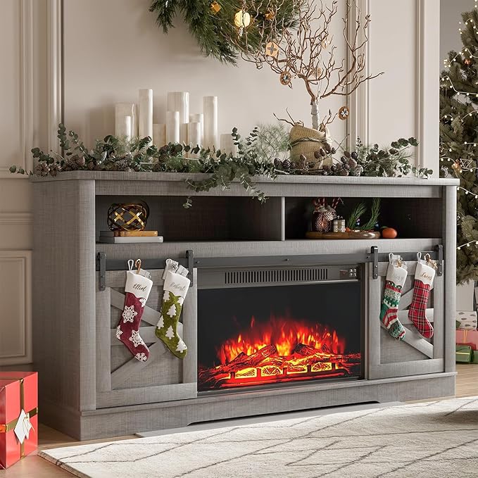 YESHOMY Fireplace TV Stand for Television up to 65+ Inch with Storage and Farmhouse Sliding Barn Doors, Entertainment Center with Cabinet and Shelves, Media Console for Living Room,Rustic Gray