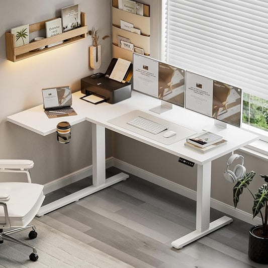 Muvai 71 Inch L Shaped Standing Desk Adjustable Height with Cable Management Tray,Gaming Electric Corner Standing Desk, Sit Stand Computer Table with Reversiable Splice Board, White
