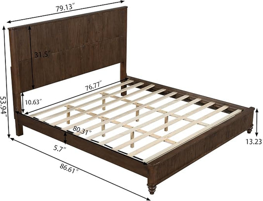 3-Pieces Bedroom Sets, King Size Platform Bed with 2 Nightstands, Solid Wood Platform Bed Frame with Tall Headboard and Classic American Turned Legs (Brown-5.25, King)