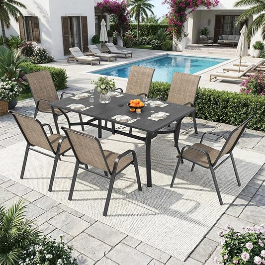 Outdoor Dining Set for 6, 7pcs Patio Table and Chairs Set with Adjustable Umbrella Hole,Heavy Duty 63”x37.8” Metal Dining Table and Stackable Patio Chair for Yard, Garden, Porch