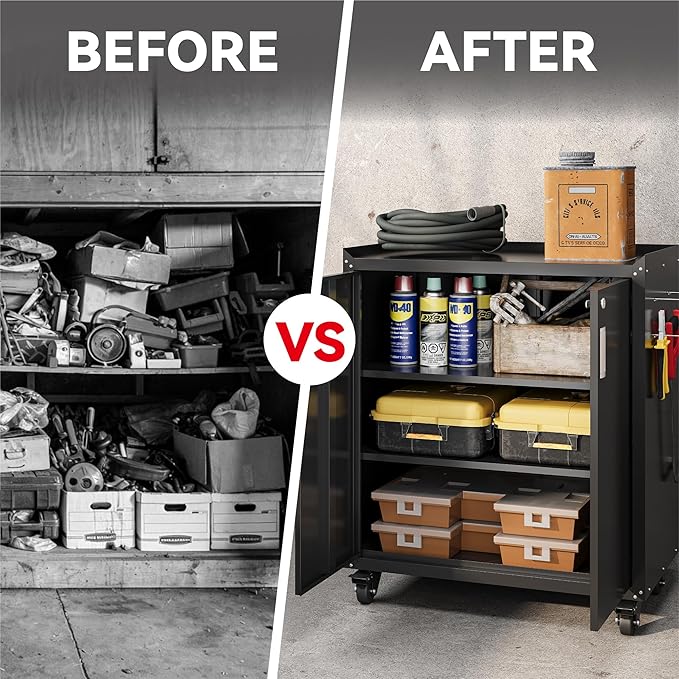 COFaR Heavy-Duty Rolling Storage Cabinet, 2-Door Metal Garage Cabinet with 2 Adjustable Shelves, Lockable Wheels & Locking Doors, 35"H Large Capacity Tool Chest for Workshop, Garage, Warehouse - Black