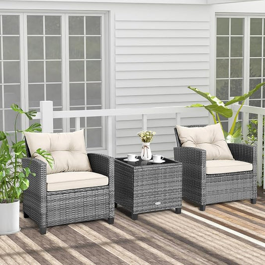 COSTWAY 3PCS Patio Furniture Set, PE Rattan Wicker Sofa w/Washable Cushion and Coffee Table, Tempered Glass Tabletop, Outdoor Conversation Set for Balcony, Porch, Yard, Backyard, Lawn (White)