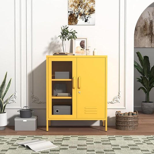 Metal Cabinet Metal Bathroom Storage Cabinet Metal Storage Cabinets with Glass Door and Adjustable Shelves Cabinet Storage for Coffee Bar for Homes, Living Rooms and Offices Yellow 33''H
