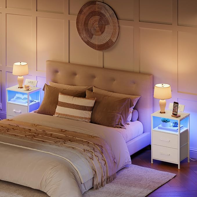 HOOBRO Nightstand with Charging Station, Bedside Table with LED Lights and 2 Fabric Drawers, End Table with 2 AC Outlets and USB Port, Small Night Stand for Bedroom, White WT118UDBZ01