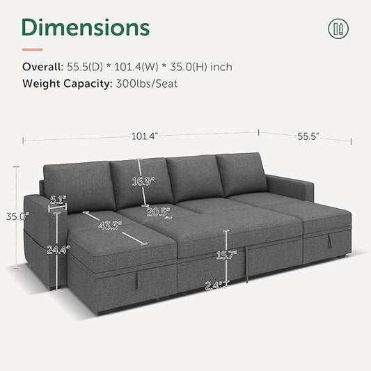HONBAY Modular Sectional Sleeper Sofa Bed, Sectional Couch with Pull Out Bed U Shaped Modular Couch with Storage Ottoman for Living Room, Dark Grey