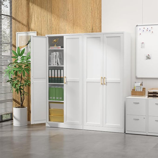 SteeLoong Kitchen Pantry Cabinet,71”White Metal Pantry Storage Cabinet with Doors and 4 Adjustable Shelves,Kitchen Cabinet with 2 Gold Handles,Tall Cabinet for Livingroom,Pantry, Bathroom,Kitchen
