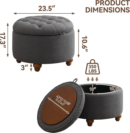 WUTUTUEE 24Inch Round Storage Ottoman with Tray, Modern Tufted Fabric Circle Coffee Table with Storage, Upholstered Ottoman with Removable Top for Living Room, Bedroom, Dark Grey