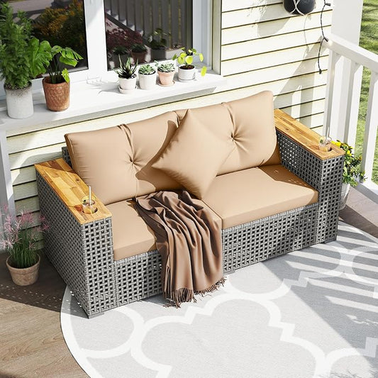 Tangkula 62.5" Large Patio Wicker Loveseat with Acacia Wood Armrests & Cup Holders, Outdoor 2-Piece Rattan Corner Sofa with Cushions, Sectional Conversation Set for Garden Backyard Porch Balcony