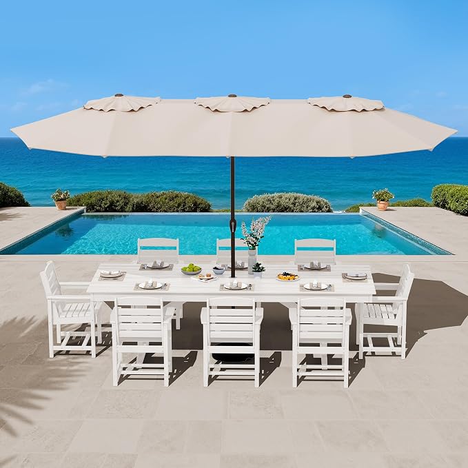 SERWALL 10 Piece 84" HDPE Outdoor Dining Set for 8 with 15ft Double-Sided Umbrella, White