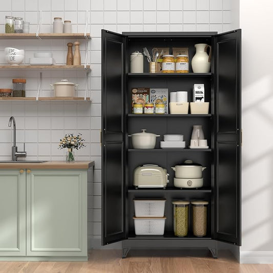 UNICOLY 75" Kitchen Pantry Cabinet, Tall Storage Cabinet with Doors and 4 Shelves, Metal Storage Cabinets for Kitchens, Living Room, Dinning Room, Assembly Required, Black