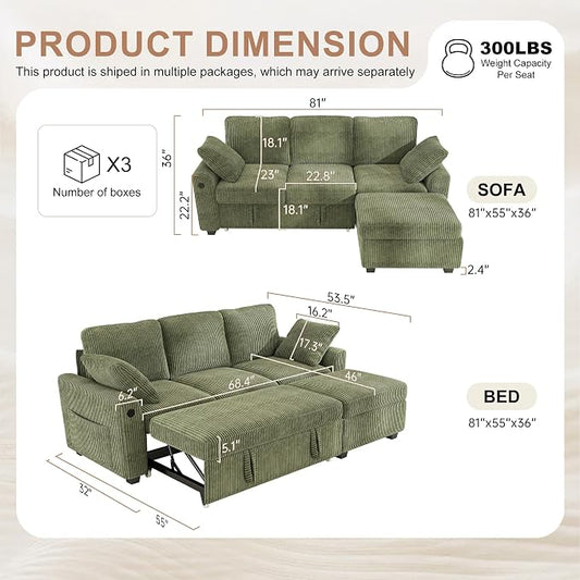 Hanherry 81" Sectional Couch with Pull Out Bed,3 Seat Corduroy Sleeper Sofa with Storage Ottoman & USB Charging,Comfy L Shaped Modular Couches for Living Room,Apartment