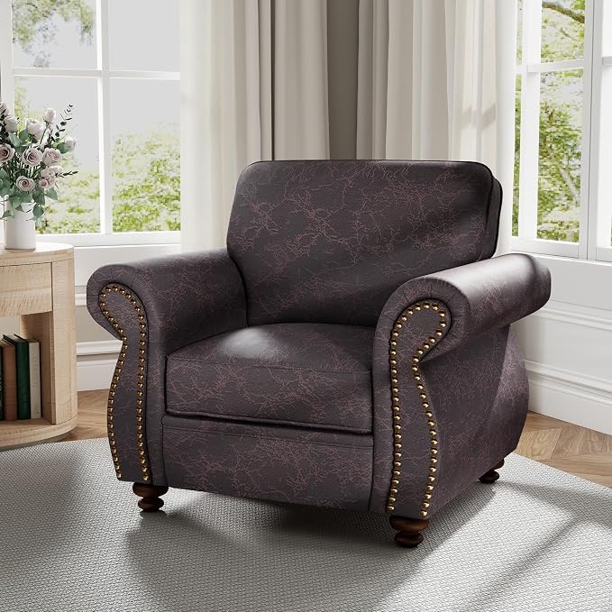 Couchus Vintage Accent Chair with Rivet Decoration, Traditional Upholstered Armchair, Living Room Chair, Rustic Single Sofa Chair for Bedroom, Reading Room & Office (Brown, Single)