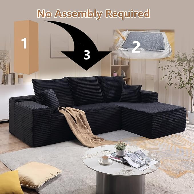 107" W Modular Sectional Sofa, Upholstered Corduroy Cloud Couch with Deep Seat, Modern 3-Seater L-Shaped Sofa for Living Room, No Assembly Required (Black, Right-Facing Chaise)
