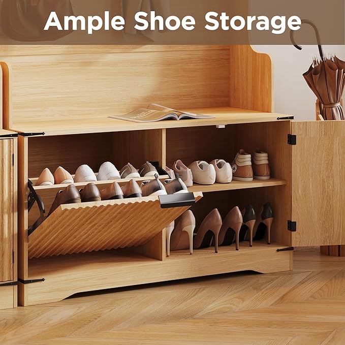 Maupvit Farmhouse Hall Tree with Bench and Shoe Storage, 4 Coat Rack with Shoe Storage Cabinet, 5-in-1 Entryway Organizer with Led Lights, Adjustable Shelves & Flip Drawers, Mudroom Seat Stool, Oak