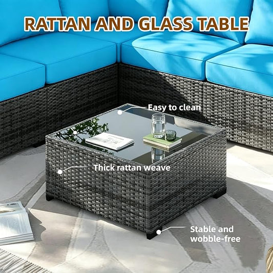 MOCHITO 5 Pieces Outdoor Patio Furniture Sets, All-Weather Sectional Sofa Grey PE Rattan Wicker Conversation Set with Glass Table and Washable Turkish Blue Cushions for Backyard,Sunroom,Garden,Porch