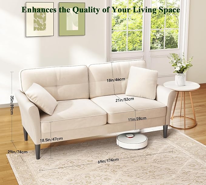 Loveseat Sofa, 69" Love Seat Couches, Comfy Velvet Small Couches for Small Spaces with 2 Pillows, Tool-Free Setup Sofas & Couches, 700lb Load Sofas for Living Room, Mini Couch for Bedroom, White Couch