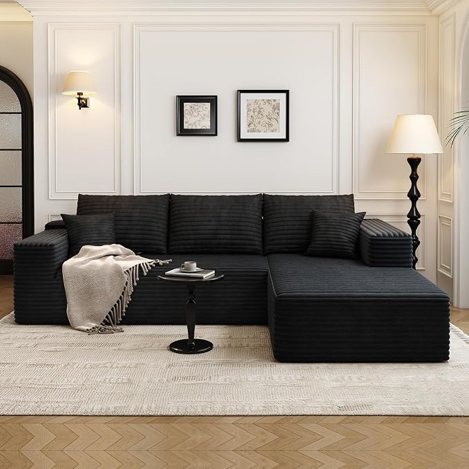 107.5" Cloud Modular Sectional Sofa Couch with L-Shape Chaise,Modern Minimalist Upholstered Couches for Living Room Bedroom,Deep Seat Corner Couch,No Assembly Required (Black,Right Facing Chaise)