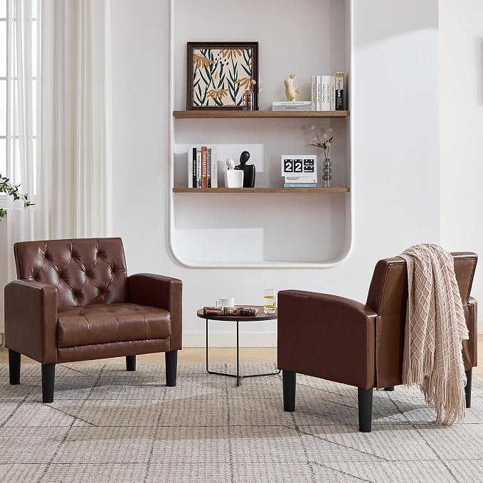 TYBOATLE Accent Chairs Set of 2, Comfy Living Room Chair Leather Tufted Mid Century Modern Accent Chair, Small Cozy Reading Arm Chair for Office, Bedroom