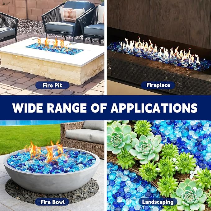 10 Pounds Fire Glass Rocks, 3/4 Mixed Color Fire Glass Beads for Propane Fire Pit, Fireplace and Outdoor Decorative (Caribbean Blue+Cobalt Blue+Crystal Ice)