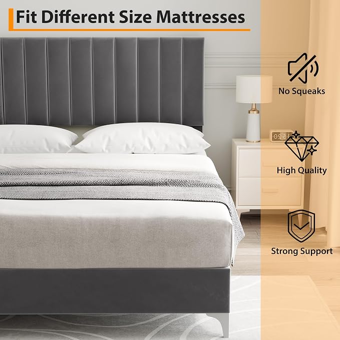 IDEALHOUSE Queen Size Bed Frame with Adjustable Headboard, Velvet Upholstered Platform Queen Bed Frame with Strong Wooden Slats, Non-Slip and Noise-Free, No Box Spring Needed, Easy Assembly, Grey