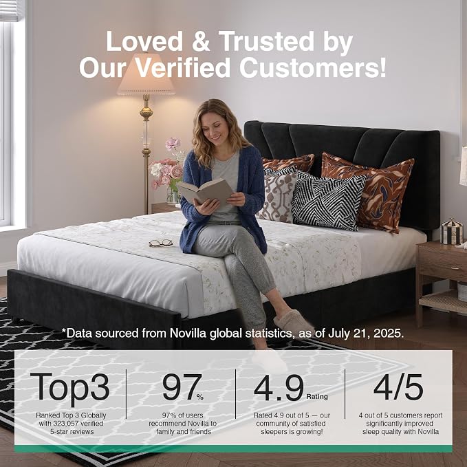 Novilla Queen Bed Frame with Headboard, Queen Bed Frame with Drawers, Queen Bed Frame with LED Lights, Charging Station and Adjustable Headboard, No Box Spring Needed, Black Velvet