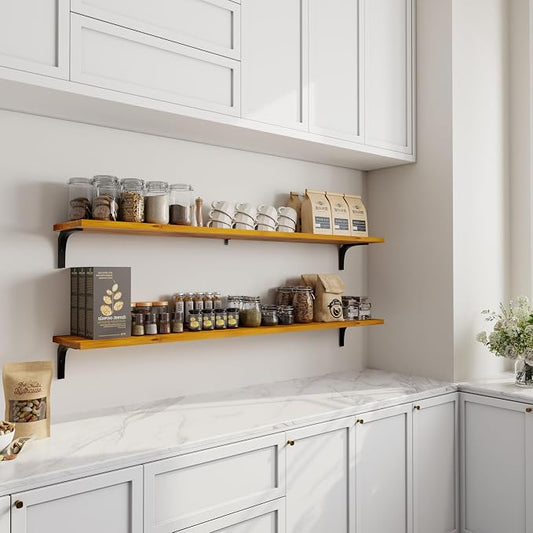 12 Inch Deep Floating Shelves Set of 2, 60 Inch Extra Wide Solid Wood Wall Shelves, Heavy Duty Wall Mount Bookshelf with 100 lbs Capacity, Farmhouse Rustic Storage for Kitchen & Living Room